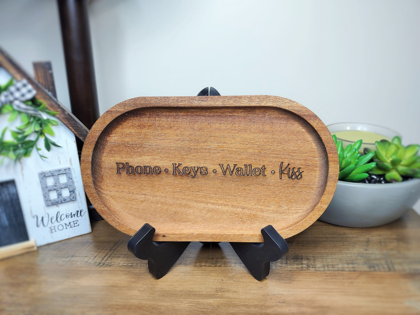 Wood Trinket Tray - Phone Keys Wallet Kiss