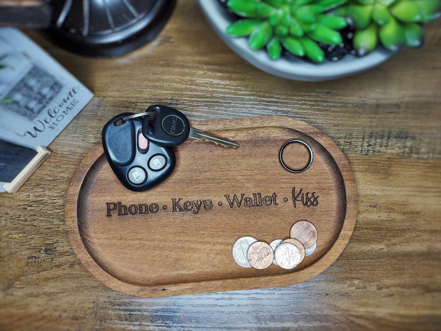 Wood Trinket Tray - Phone Keys Wallet Kiss