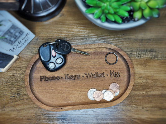 Wood Trinket Tray - Phone Keys Wallet Kiss