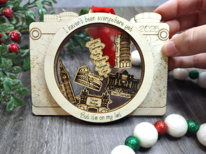 Personalized Travel Shaker Camera Ornament, Custom Trip Charms and Phrases, Christmas Ornament, Vacation Keepsake