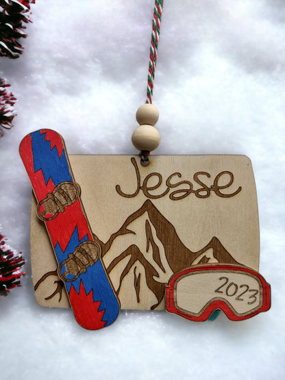 Personalized Ski Ornament, Snowboard, Snowshoes