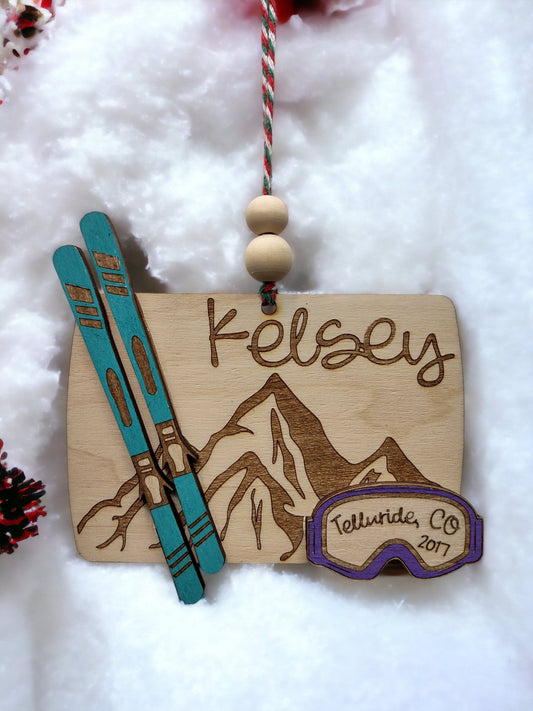 Personalized Ski Ornament, Snowboard, Snowshoes